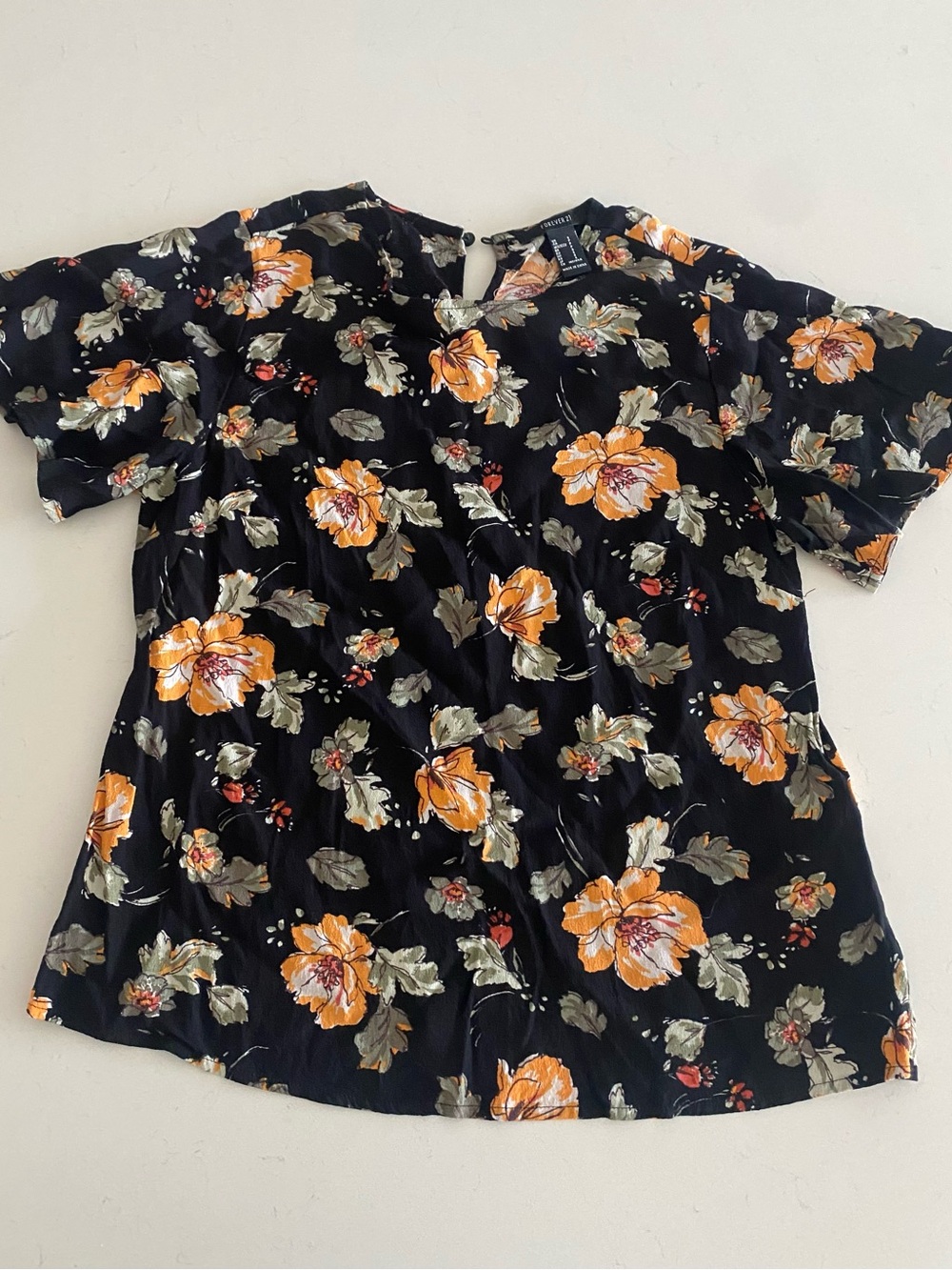 Forever 21 Black Short-Sleeve Floral Blouse with Orange Flowers